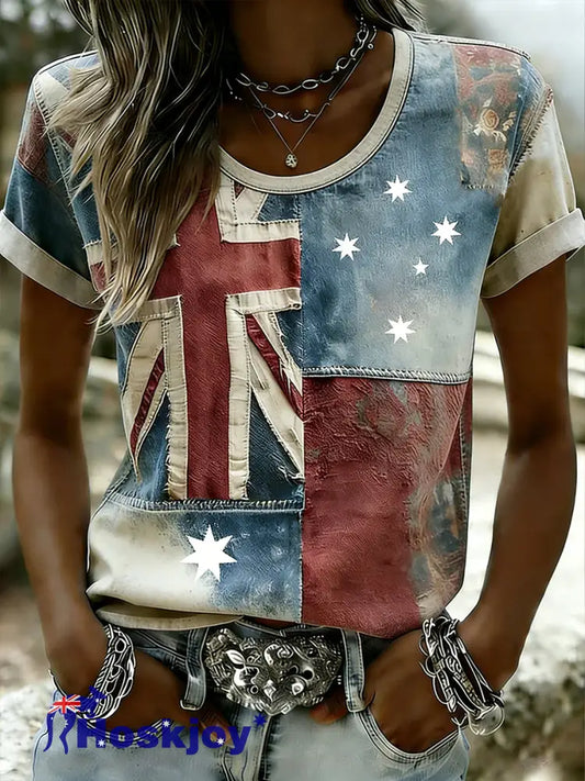 Women’s Australian Flag Art Print Round Neck Short Sleeve T-shirt - As picture / S