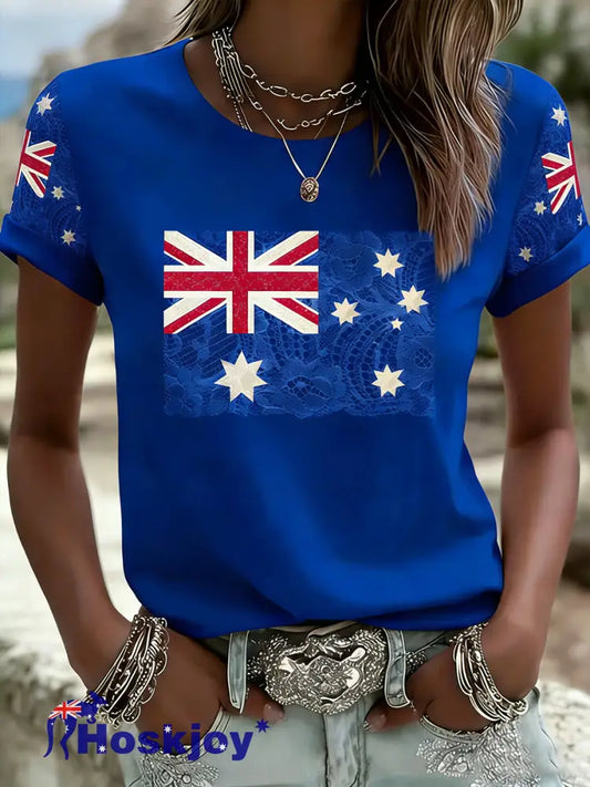 Women’s Australian Flag Art Print Round Neck Short Sleeve T-shirt - Blue / S