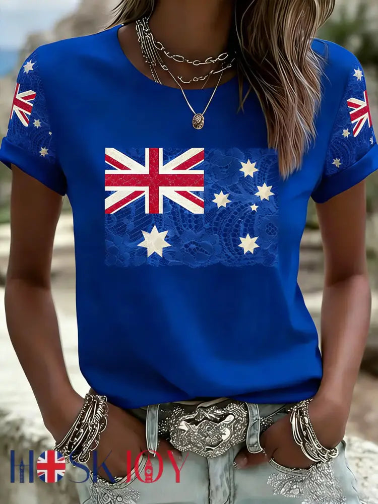 Women’s Australian Flag Art Print Round Neck Short Sleeve T-shirt - Blue / S