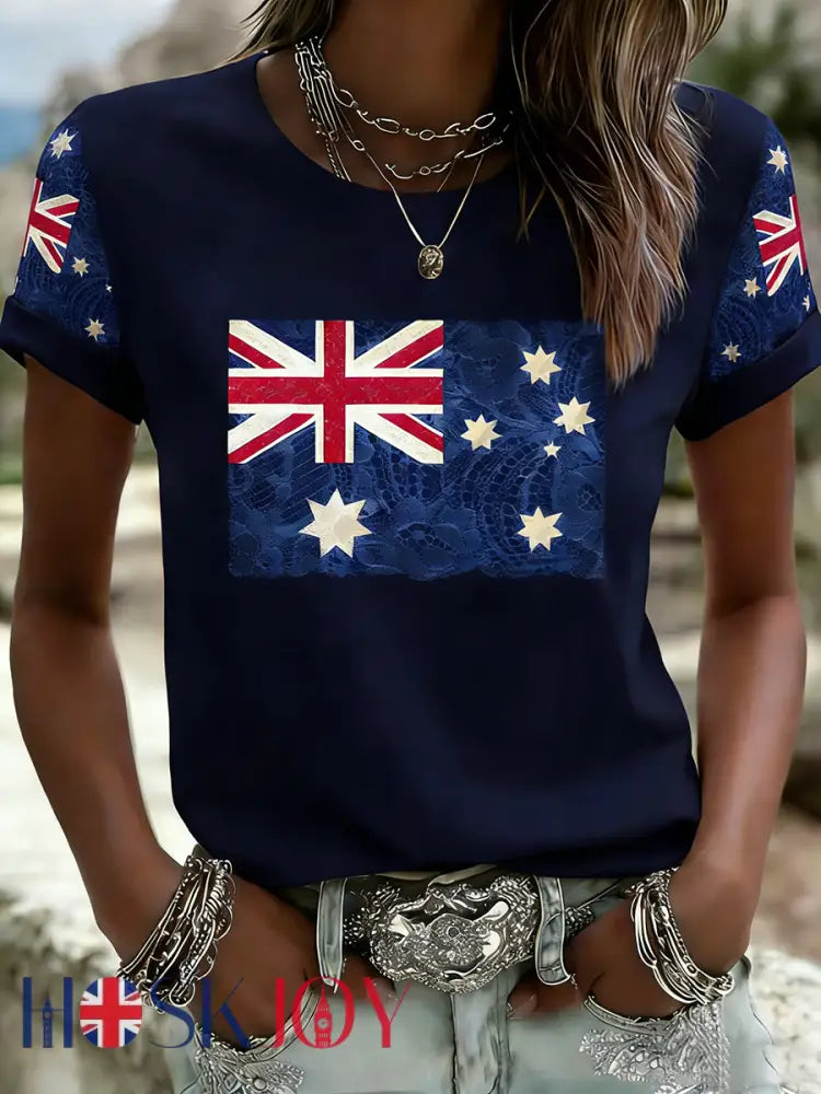 Women’s Australian Flag Art Print Round Neck Short Sleeve T-shirt - Dark Blue / S