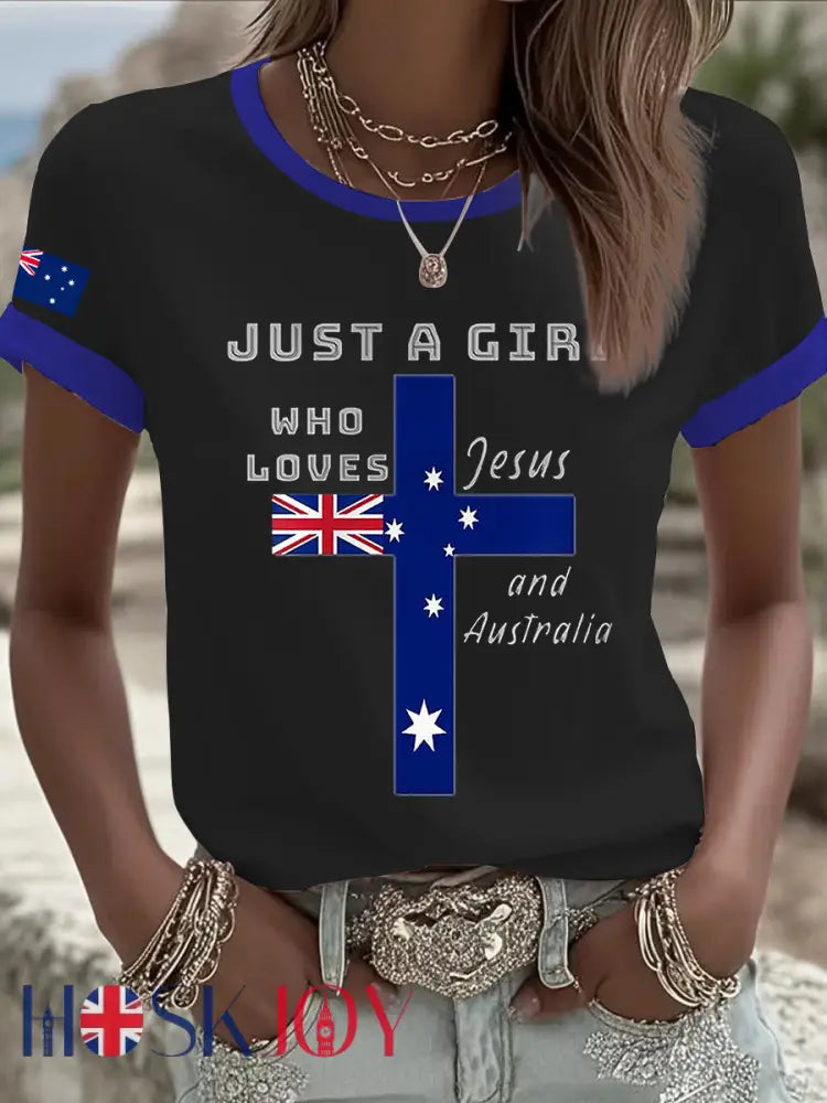 Women’s Australian Flag Print Round Neck Short Sleeve T-shirt - Black / S