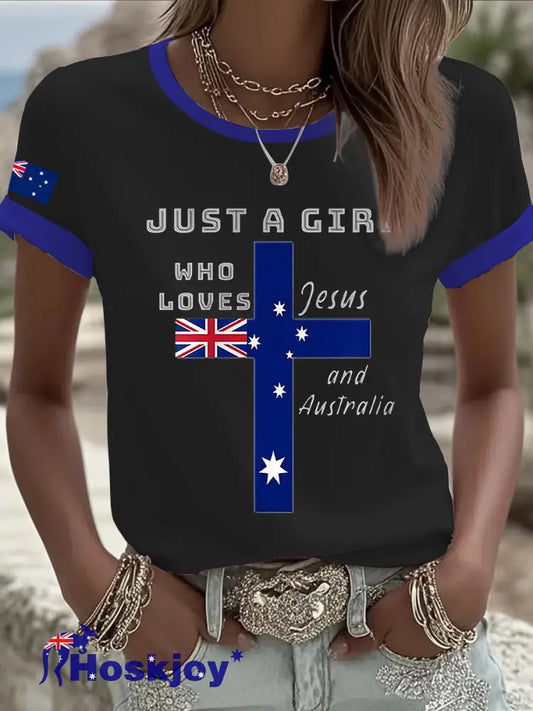Women’s Australian Flag Print Round Neck Short Sleeve T-shirt - Black / S