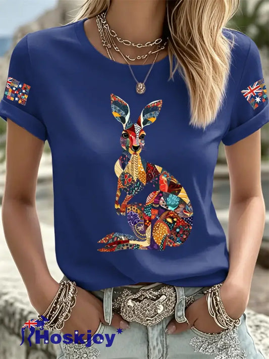 Women’s Australian kangaroo print Iron On Short Sleeve T-Shirt - Navy Blue / S