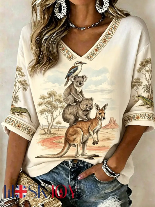Women’s Australian Koala kangaroo Print Mid-length Sleeves V-Neck T-Shirt - As picture / S