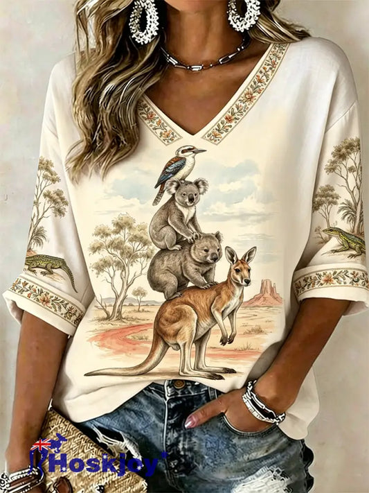 Women’s Australian Koala kangaroo Print Mid-length Sleeves V-Neck T-Shirt - As picture / S