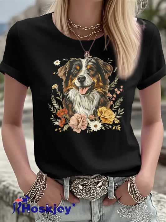 Women’s Australian Shepherd Dog Flowers Vintage Aussie Mom Australian Shepherd T Shirt Black / S