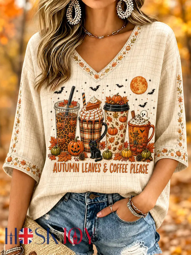 Women’s Autumn Leaves & Coffee Please Print Casual V-Neck Tee - Apricot / S