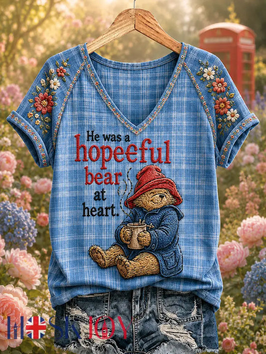Women’s Bear Printed Vintage Fashion Loose Short Sleeve T-Shirt - Blue / S