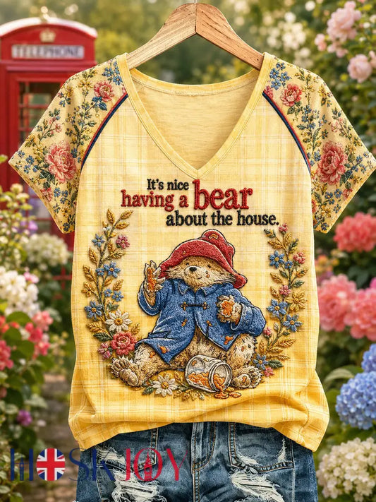 Women’s Bear Printed Vintage Fashion Loose Short Sleeve T-Shirt - Yellow / S