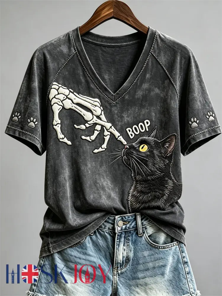 Women’s Boop Halloween Skeleton & Black Cat Print short-sleeved T-shirt - Black / S