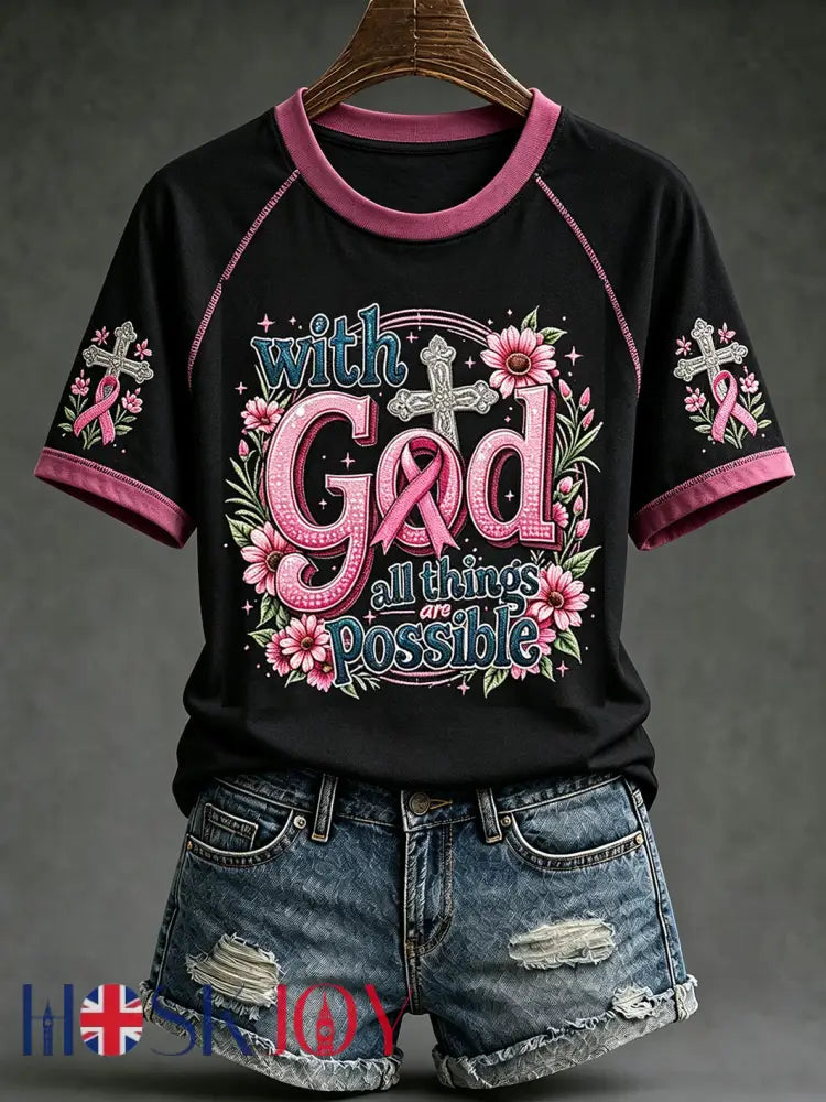 Women’s breast cancer theme pattern printed casual round neck short sleeve T-shirt - Black / S