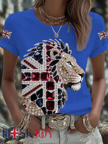 Women’s British imitation diamond hot-drilling Printed Iron On Short Sleeve T-Shirt - Blue / S
