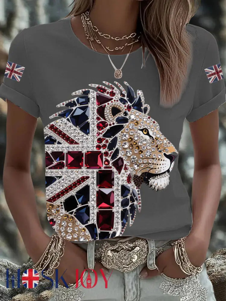 Women’s British imitation diamond hot-drilling Printed Iron On Short Sleeve T-Shirt - Dark Gray / S