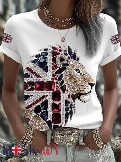Women’s British imitation diamond hot-drilling Printed Iron On Short Sleeve T-Shirt - White / S