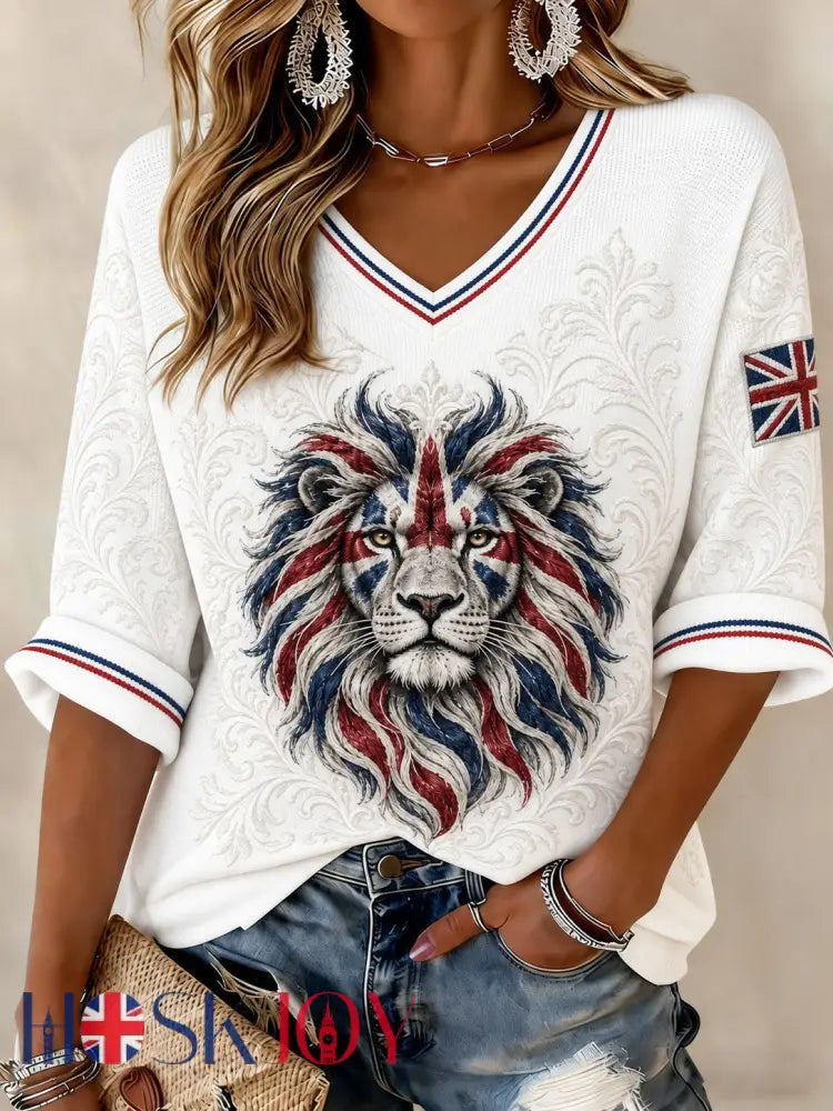 Women’s British Lion Printed Mid-length Sleeves V-neck T-shirt - White / S