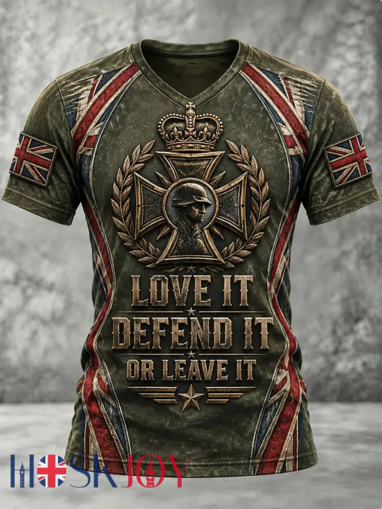 Women’s British Veteran LOVE IT DEFEND IT OR LEAVE IT Print Zip-up T-Shirts - Army Green / S