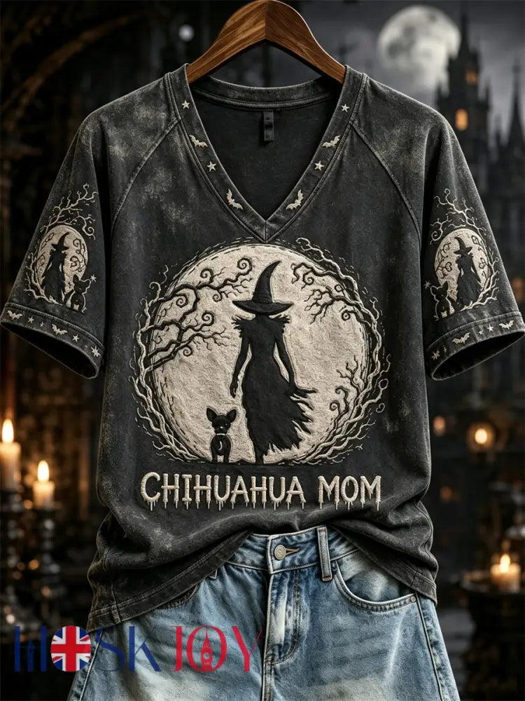 Women’s Chihuahua Mom Halloween Night Witch & Chihuahua Dog Print short sleeve T-shirt - Black / S