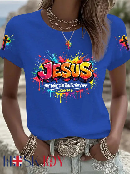 Women’s Christian Jesus Cross Short Sleeve T-shirt - Blue / S