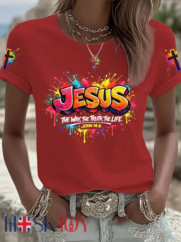 Women’s Christian Jesus Cross Short Sleeve T-shirt - Deep Red / S
