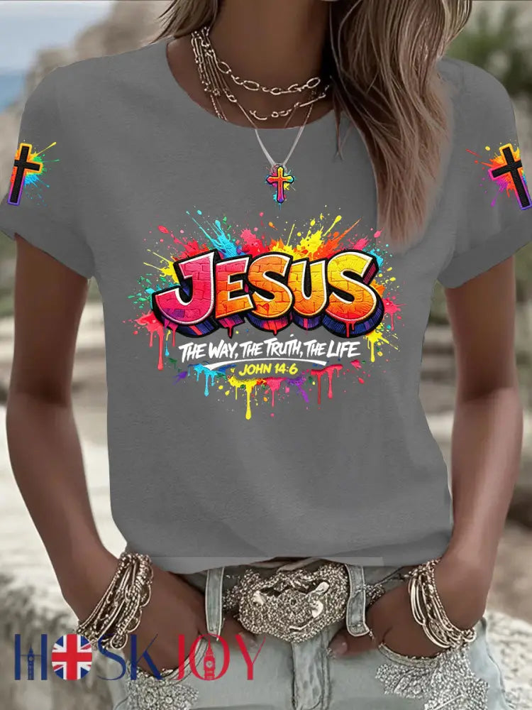 Women’s Christian Jesus Cross Short Sleeve T-shirt - Gray / S