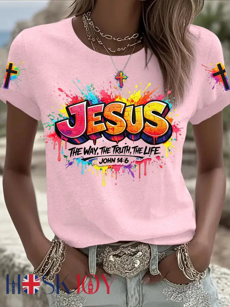 Women’s Christian Jesus Cross Short Sleeve T-shirt - Light Pink / S