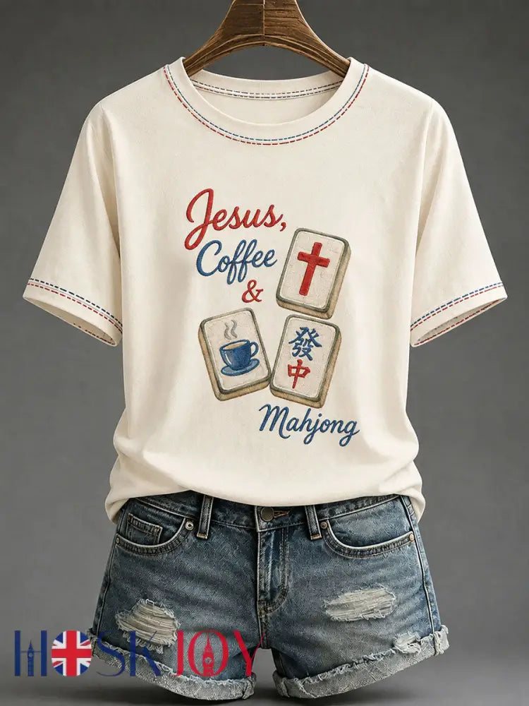 Women’s Christian Mahjong Print Casual T-Shirt - Apricot / S