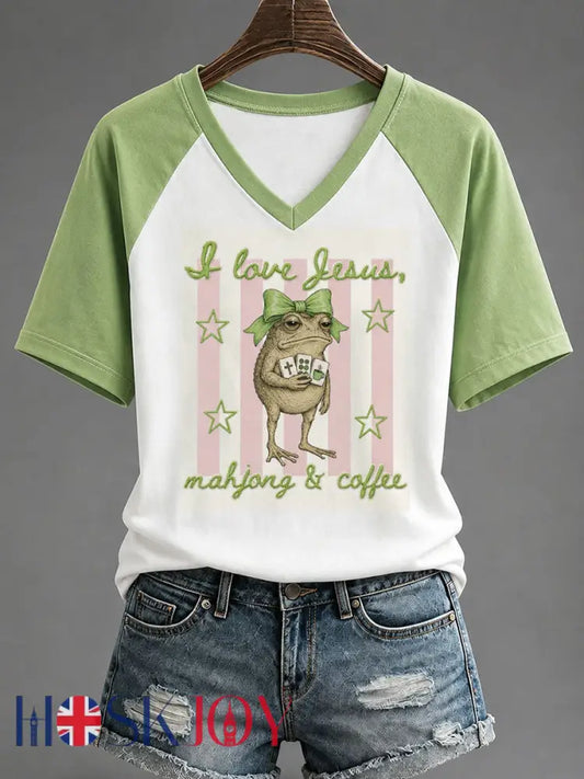 Women’s Christian Mahjong Print Casual T-Shirt - Green / S