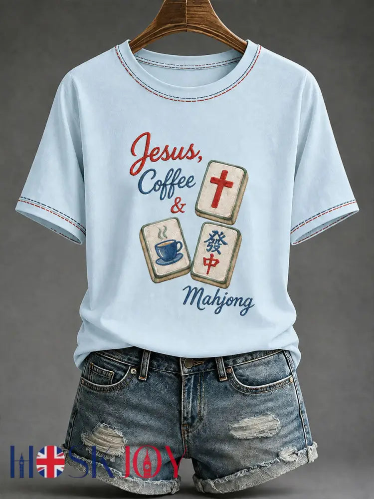Women’s Christian Mahjong Print Casual T-Shirt - Light Blue / S