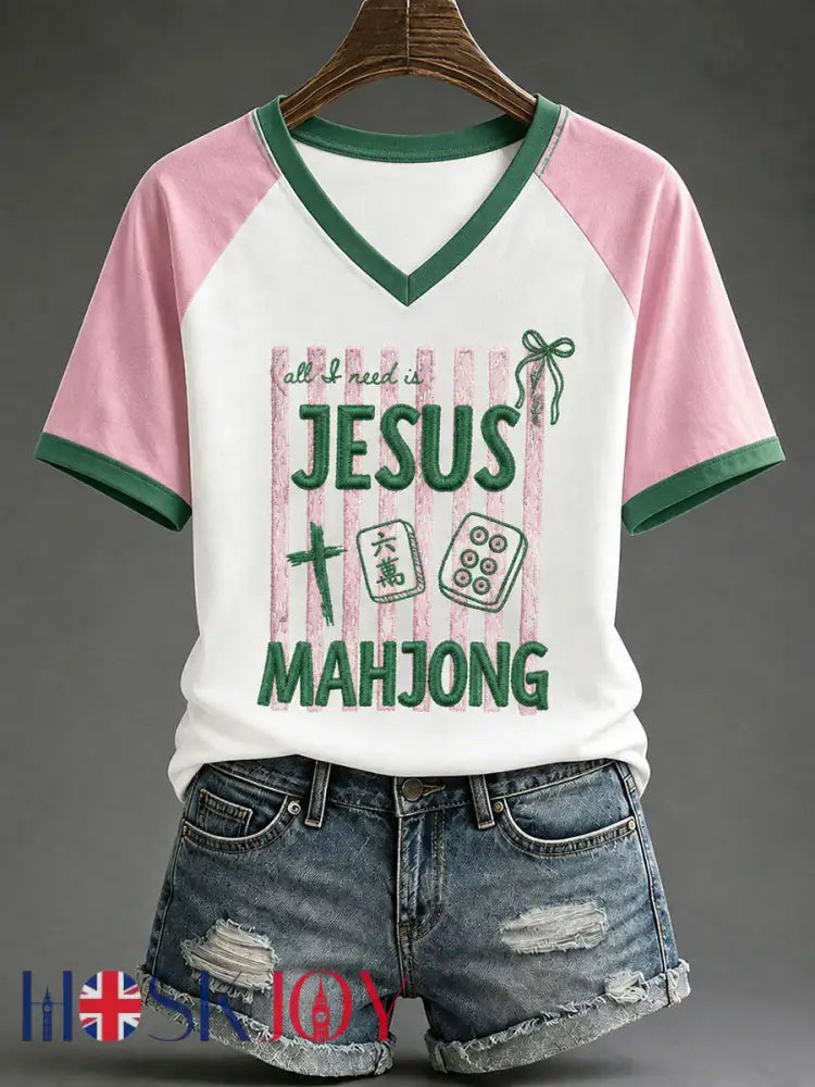 Women’s Christian Mahjong Print Casual T-Shirt - Pink / S