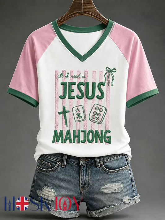 Women’s Christian Mahjong Print Casual T-Shirt - Pink / S