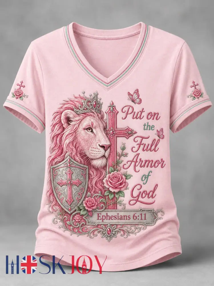 Women’s Christian Put On The Full Armor Of God Print Casual V-Neck Tee - Pink / S