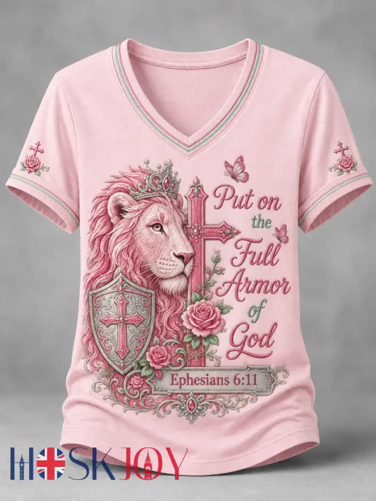 Women’s Christian Put On The Full Armor Of God Print Casual V-Neck Tee - Pink / S