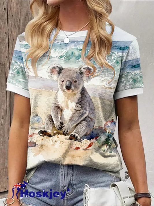 Women’s Christmas Funny Koala Art Printed T-shirt As picture / S