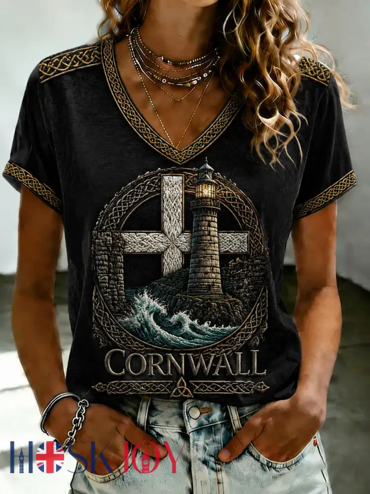 Women’s Cornish Celtic-style Printed V-neck T-shirt - As picture / S