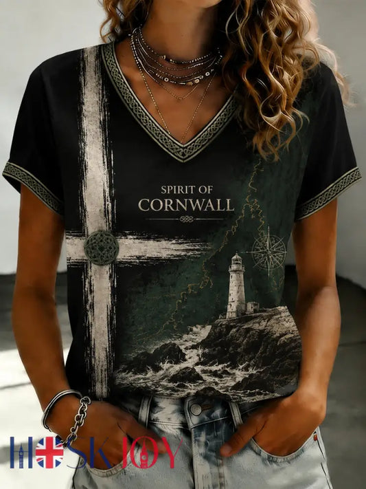 Women’s Cornish Celtic-style Printed V-neck T-shirt - As picture / S