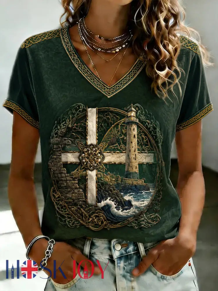 Women’s Cornish Celtic-style Printed V-neck T-shirt - As picture / S