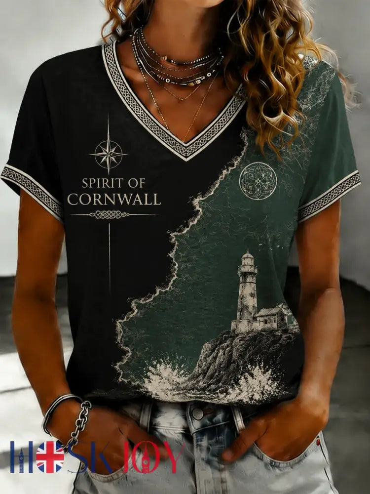 Women’s Cornish Celtic-style Printed V-neck T-shirt - As picture / S