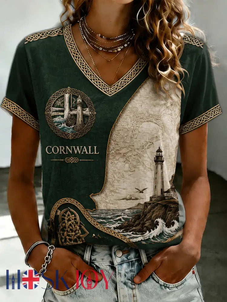 Women’s Cornish Celtic-style Printed V-neck T-shirt - As picture / S
