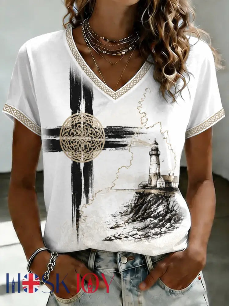 Women’s Cornish Celtic-style Printed V-neck T-shirt - As picture / S