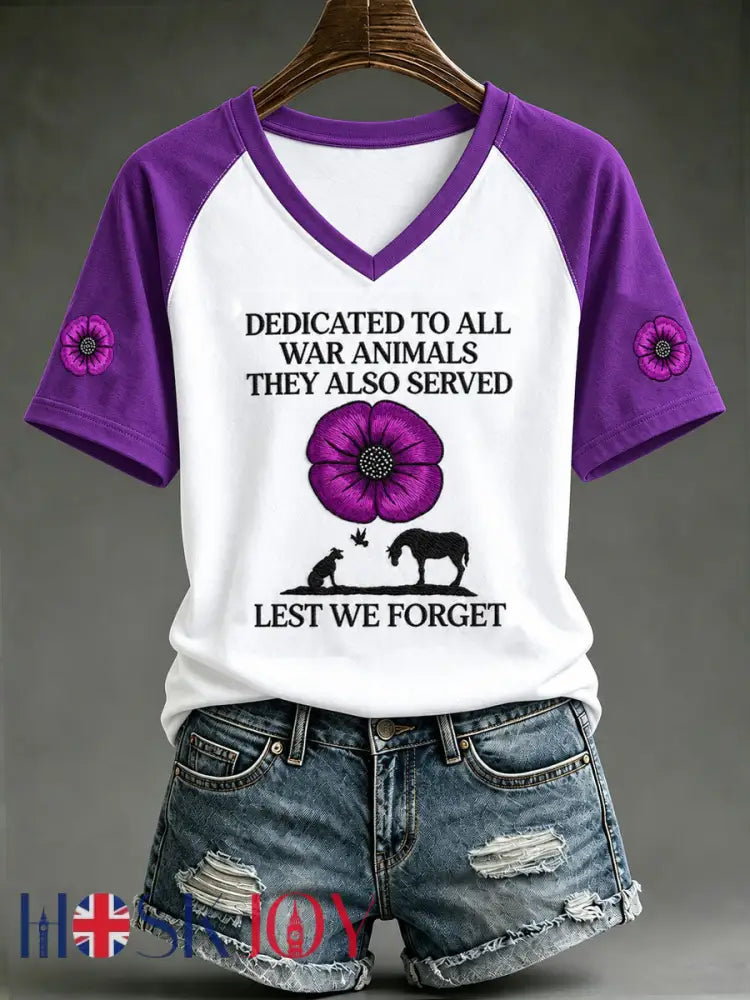 Women’s Dedicated To All War Animals They Also Served Lest We Forget V-neck T-shirt - White / S