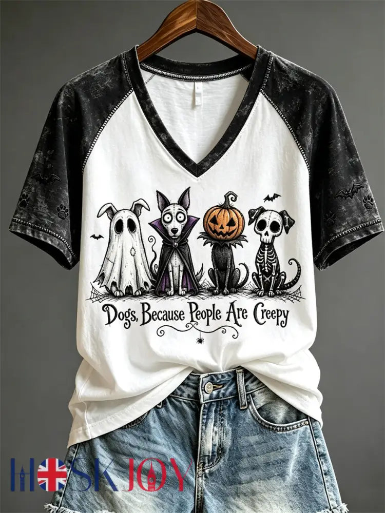 Women’s Dogs Because People Are Creepy Halloween Dogs Print short-sleeved T-shirt - Black / S