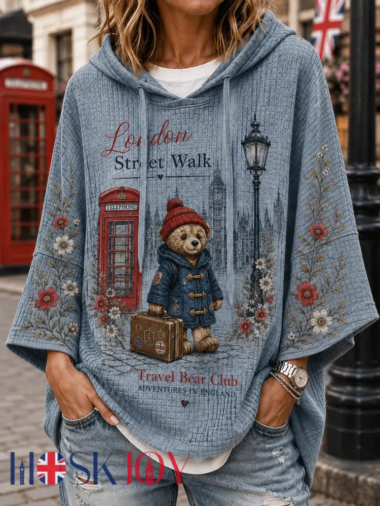 Women’s Drop-Shoulder Waffle-Knit Hoodie With Cute Teddy Bear Print - A / S