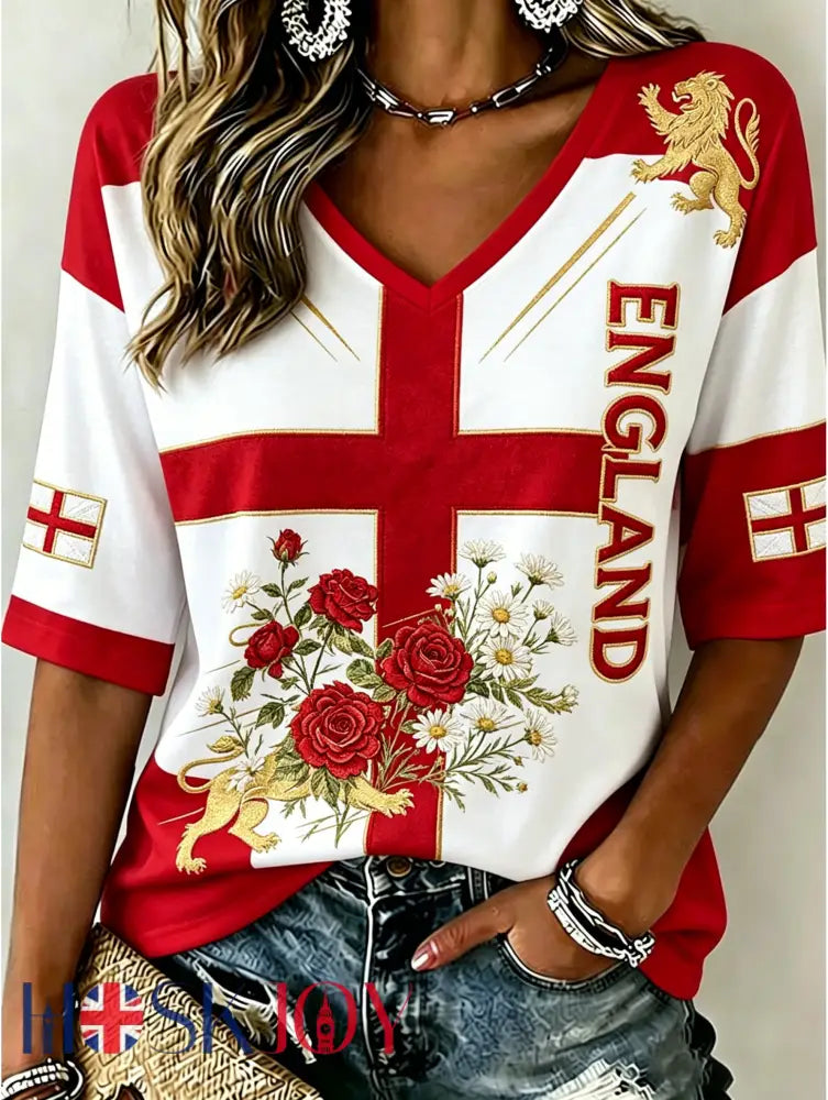 Women’s England Football Embroidery Pattern Linen V-Neck Shirt - A / S