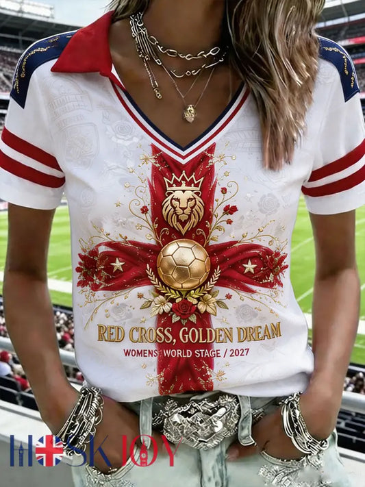 Women’s England Lioness Football Lover Roses Art Printed Casual Tops - White / S