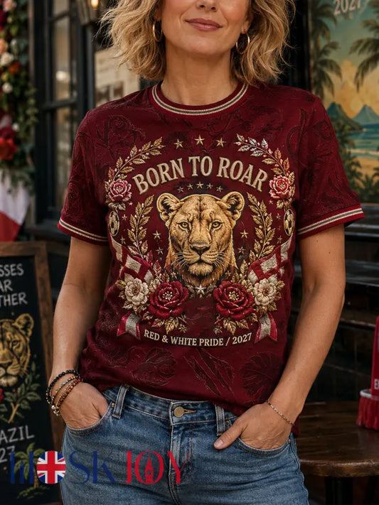 Women’s England Lioness Football Lover Roses Art Printed T-shirt - Wine Red / S