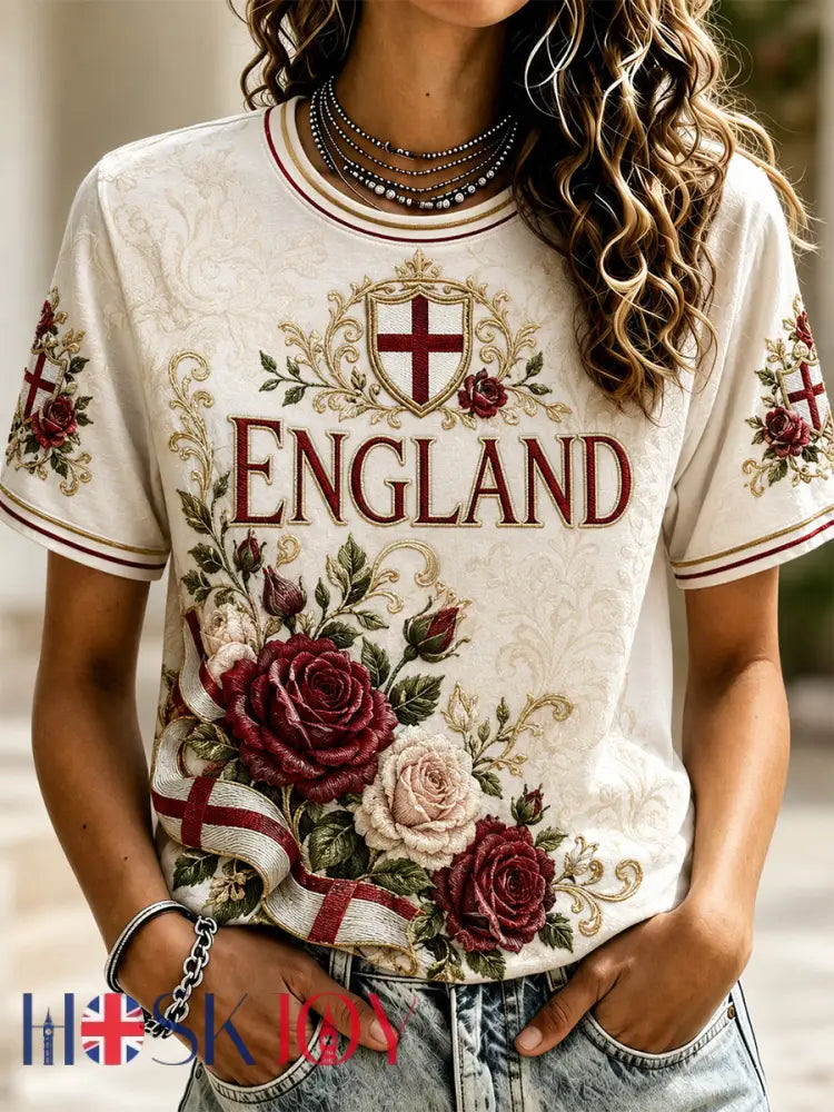 Women’s England Print Casual Tee - Apricot / S