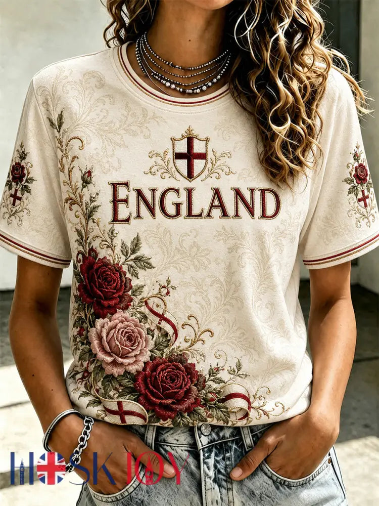Women’s England Print Casual Tee - Apricot / S
