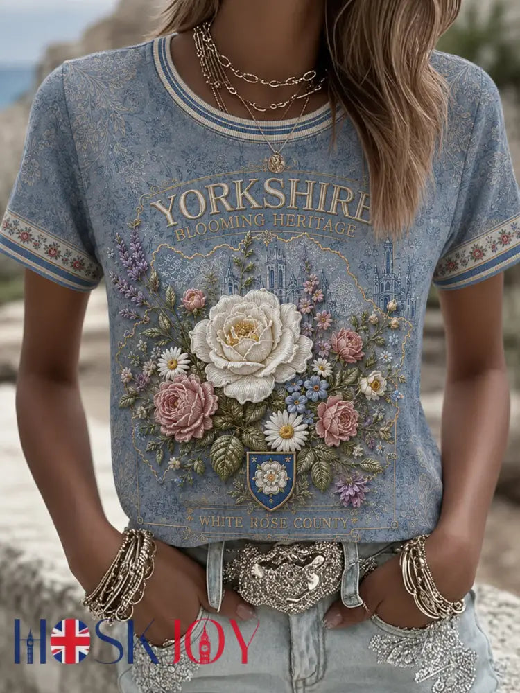 Women’s England Yorkshire Day White Roses Art Printed T-shirt - As picture / S