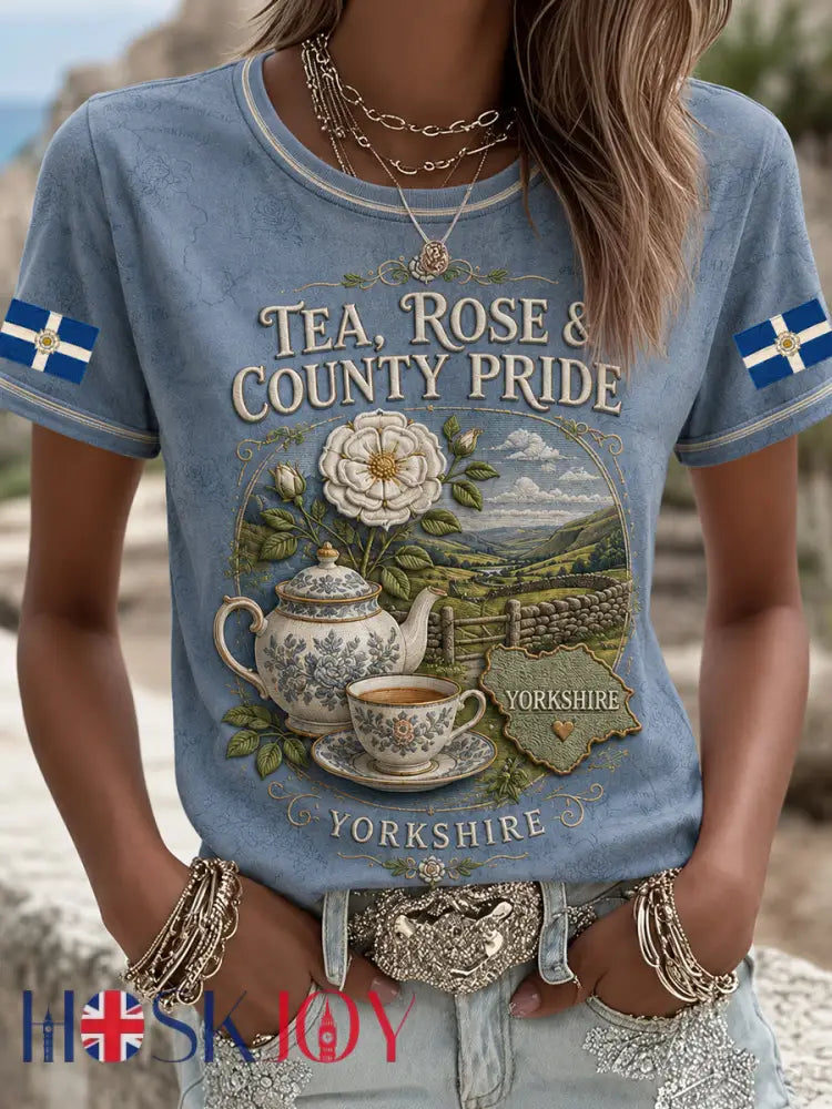 Women’s England Yorkshire Day White Roses Art Printed T-shirt - As picture / S