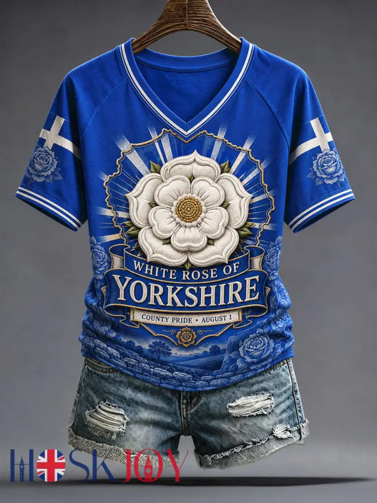 Women’s England Yorkshire Day White Roses Art Printed T-shirt - Blue / S